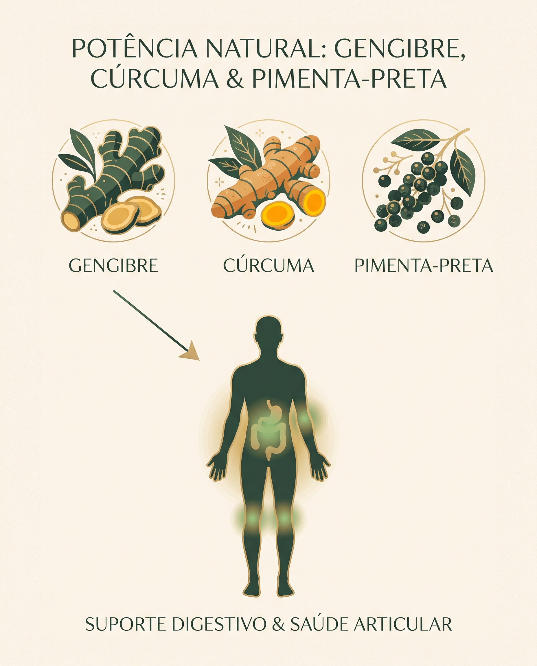Gengibre, cúrcuma e pimenta-preta e sua ação no conforto digestivo e articular