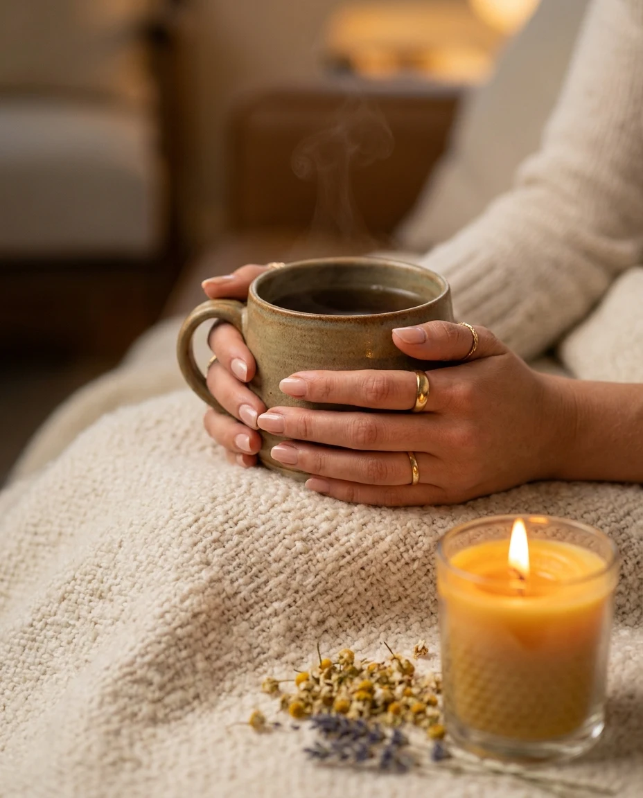 Pessoa segurando uma caneca de chá quente à noite, em ambiente aconchegante