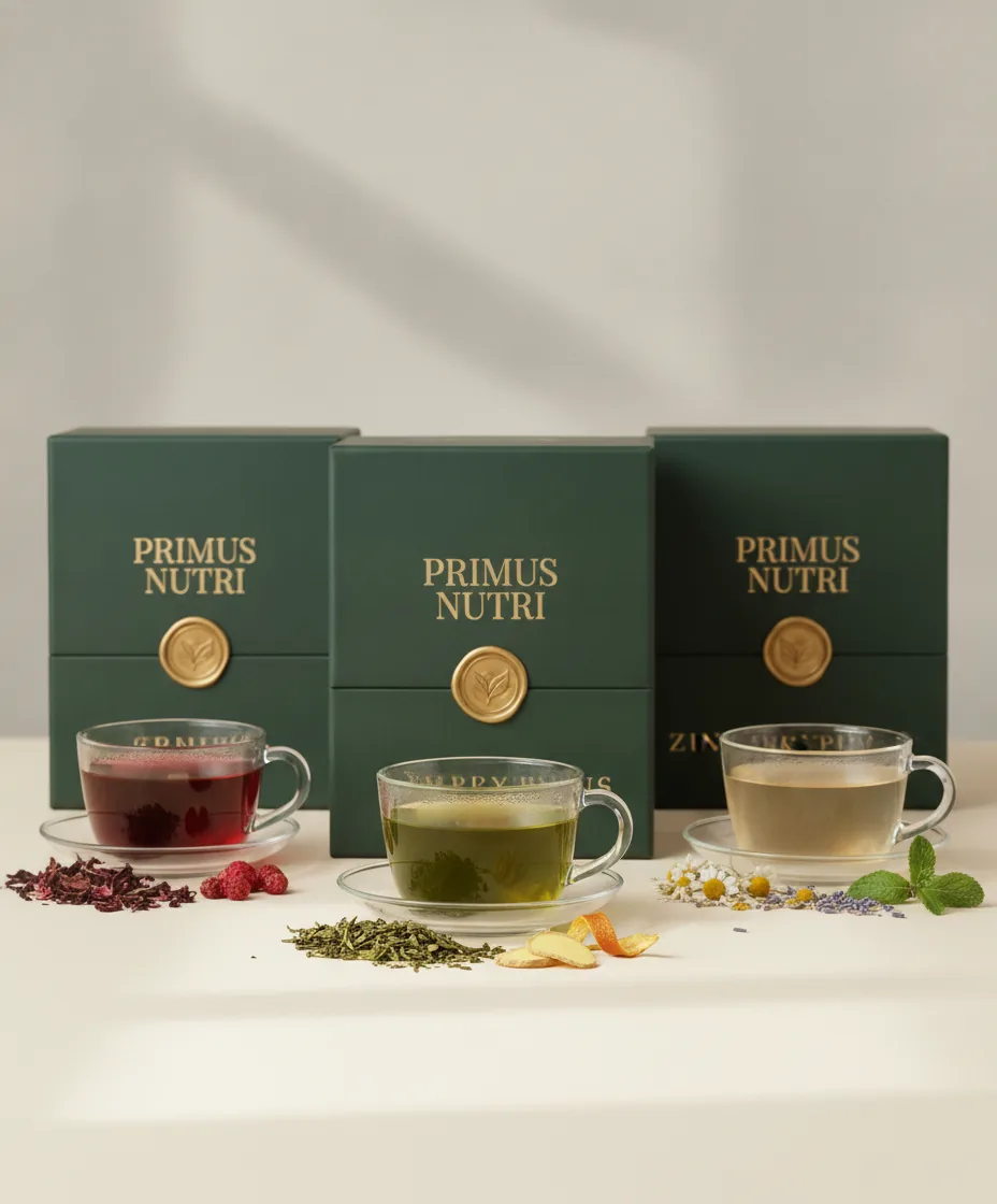 Kit completo Primus Nutri — os 3 chás com as xícaras servidas